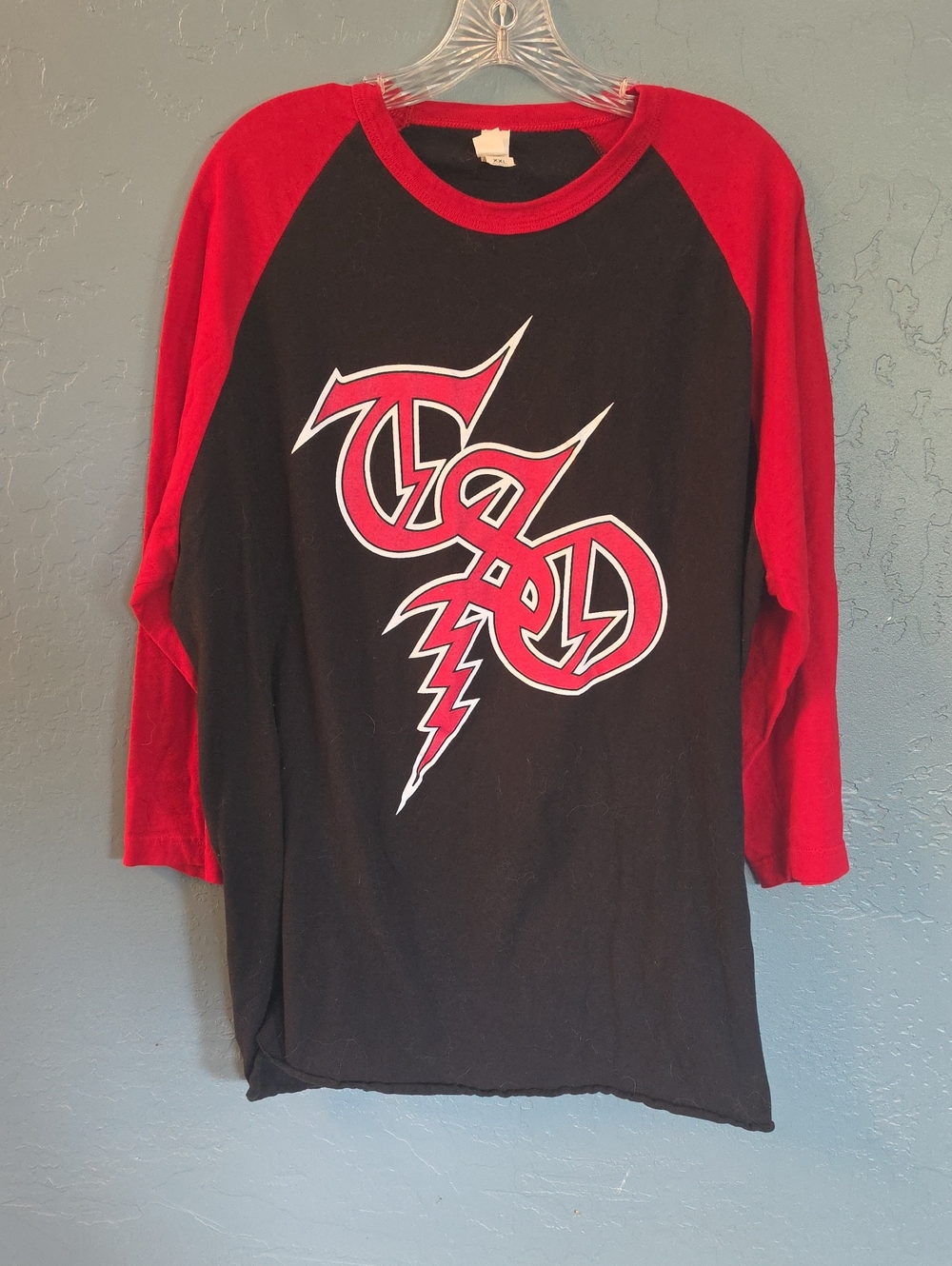 Tultex Black Tee with Red Raglan Sleeves and White/Red Graphic